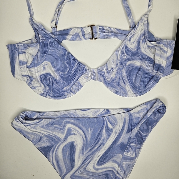 Naked Wardrobe Swim Marbled Smoked Blue 2 pc Wired Bra High Wasted Bottom sz L​ - Picture 6 of 8